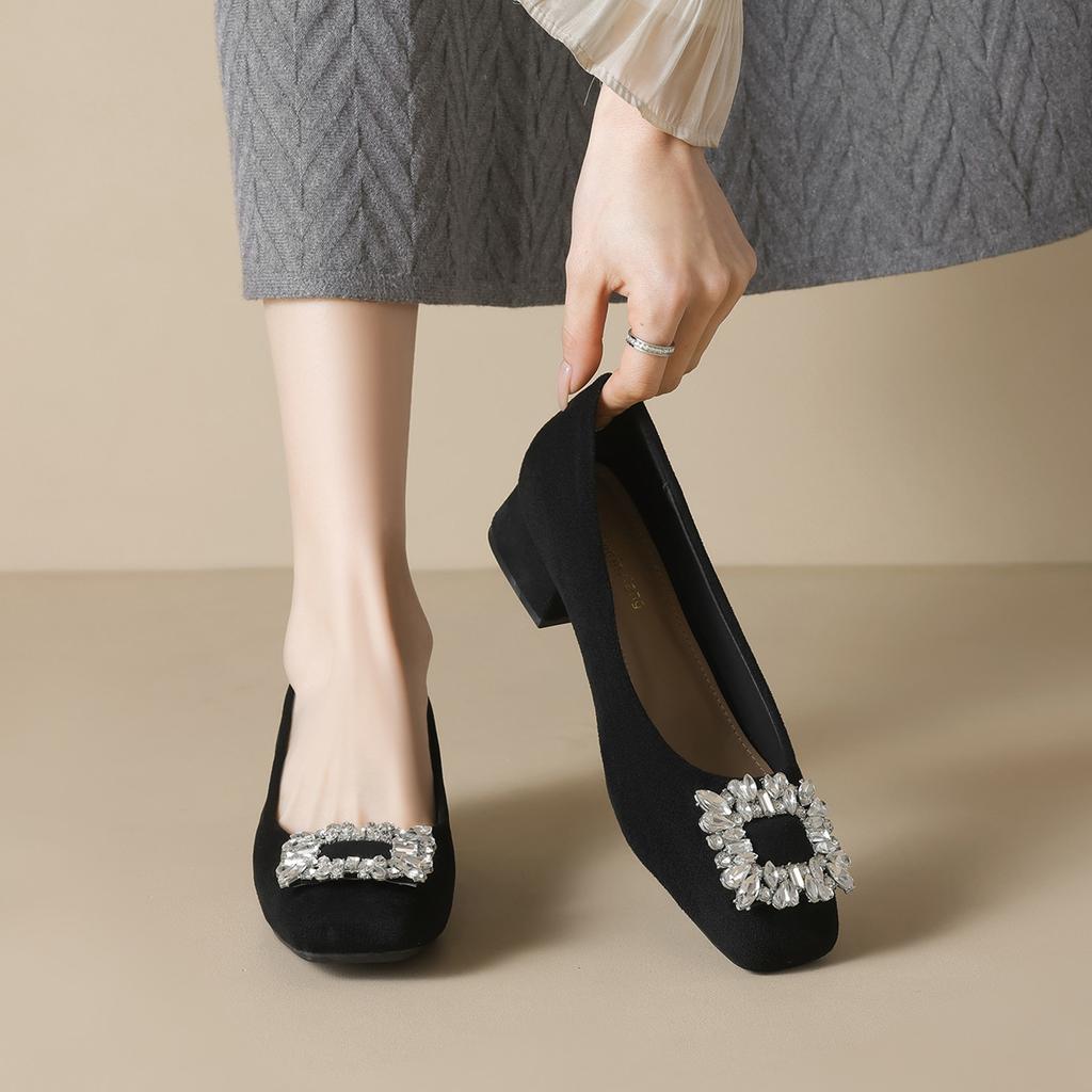 Square Head Single Shoes Women's Thick Heel Black Work Shoes Rhinestone Shallow Mouth High Heels Women