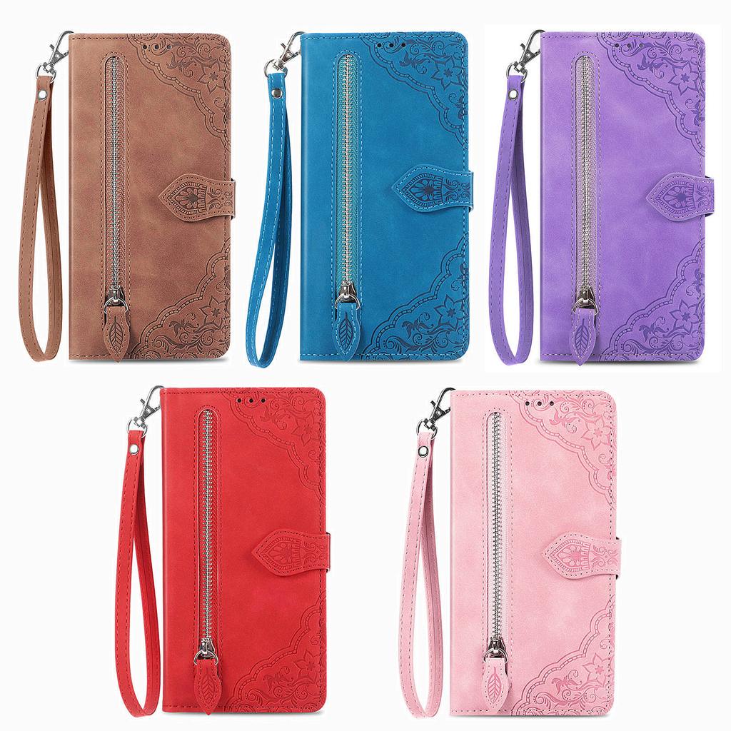 Embossing Flower Card Slots Flip Wallet Zipper Leather Case For iPhone 15 14 Plus 13 12 11 Pro Max for Samsung S24 S23 S22 S21 S20 Ultra Plus A15 A25