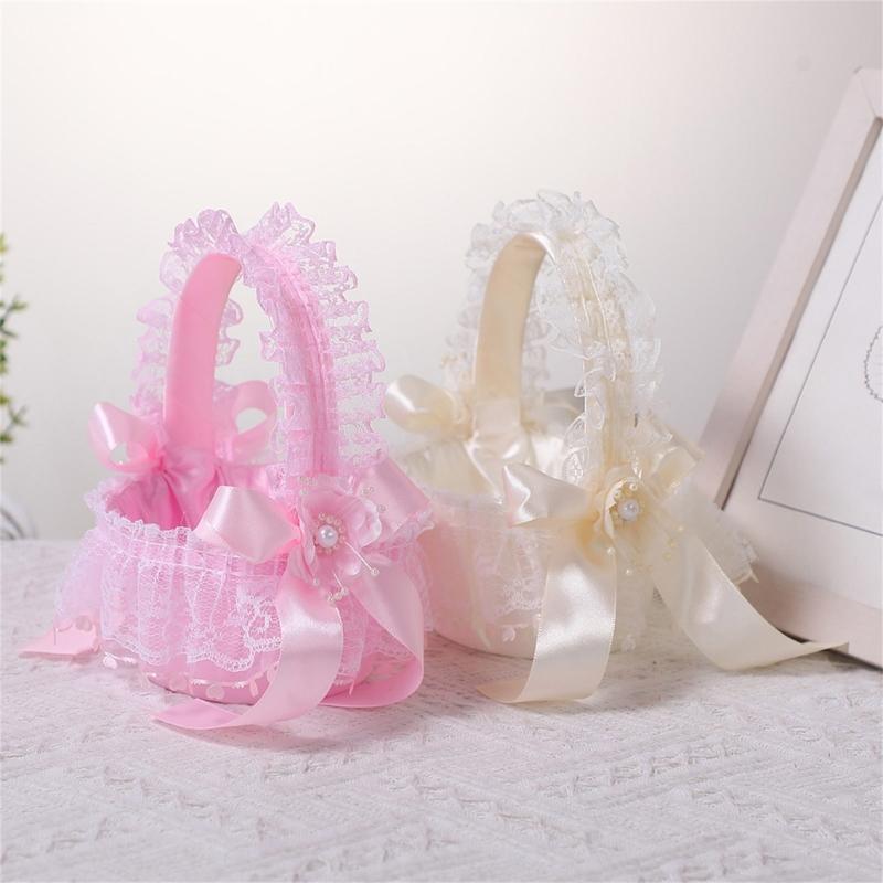 Wedding Flower Girl Basket with Lace Trim Handle Bowknot Flower Baskets for Wedding Ceremony Party Floral Arrangement