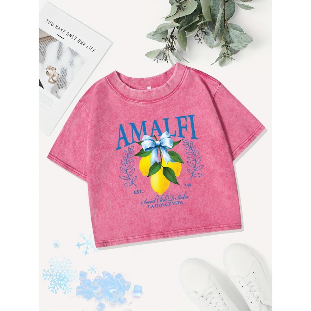 Summer Cotton Crop Tops Women Amalfi Est 339 Ladolce Vita Lemonprints Washed T-Shirt Fit O-Neck Tees Casual Clothes