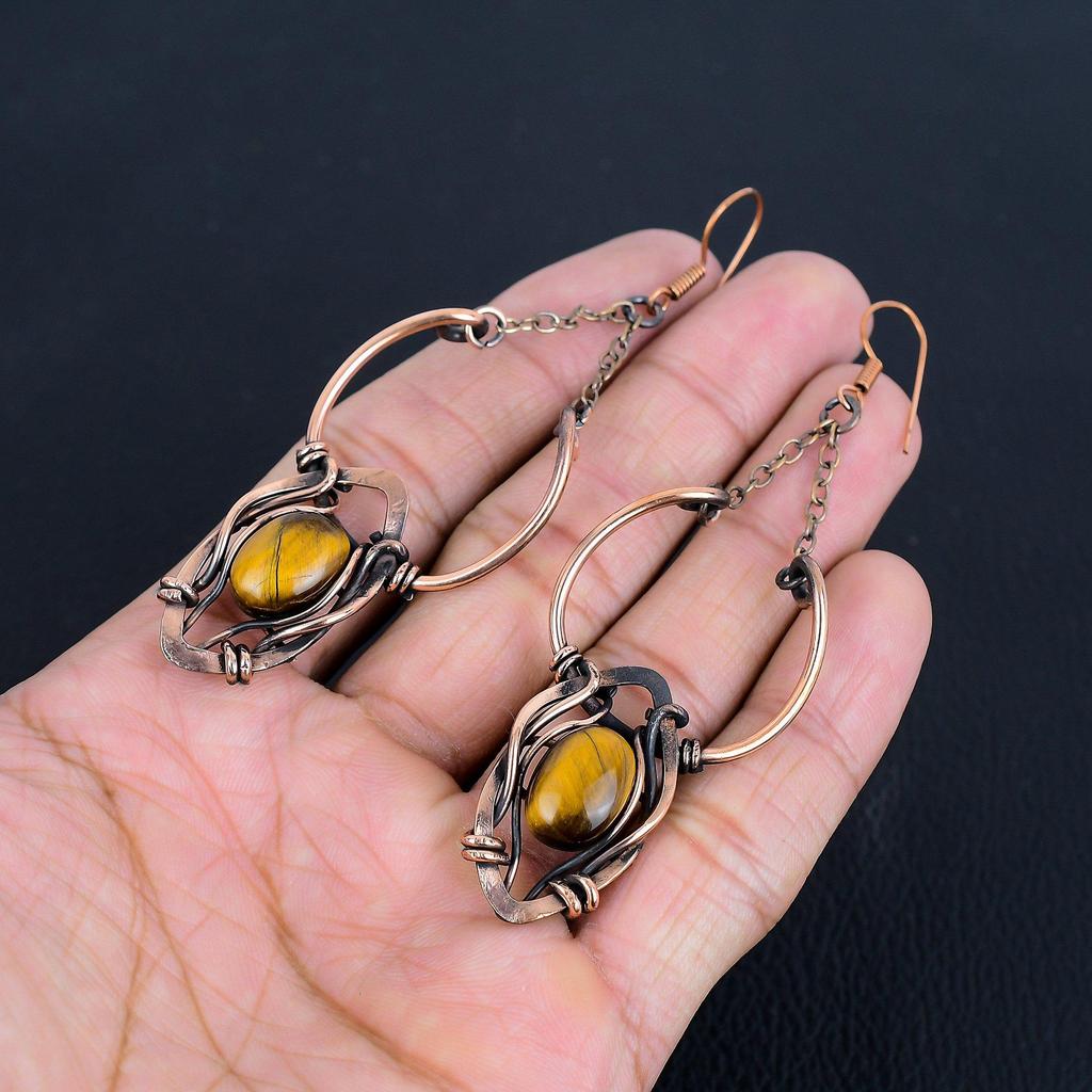 Tiger's Eye 999 Copper Wire Wrapped Earrings, Handmade Gemstone Earrings, Gift For Mom Antique Jewelry