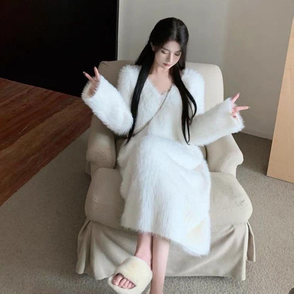 Herbst und Winter Neu Imitation Nerz Samt Locker Über dem Knie Langer Haarrock Damen Übergröße Pyjama Kleid