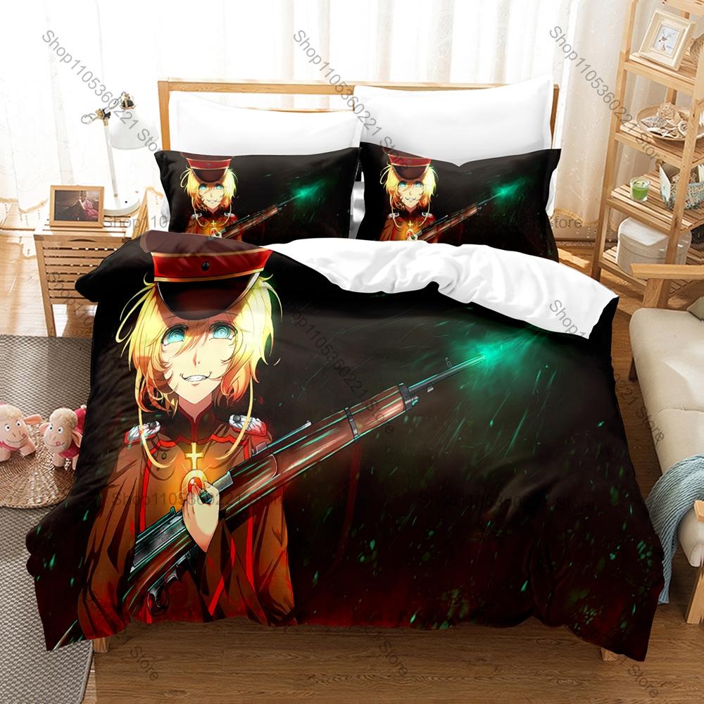 Cool The Saga Of Tanya The Evil 3Pcs Bedding Set Anime Figure Print Duvet Cover Household Goods Home Bedroom Decor Kawaii Kawaii