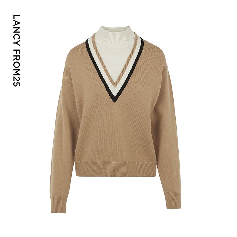 LANCY Women's Faux Two-Piece Wool Blend Stand-Collar Pullover Sweater