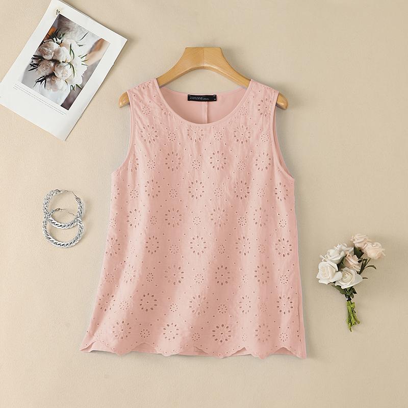 ZANZEA Women Casual Round Neck Sleeveless Lace Crochet Patchwork Loose Vest Tops