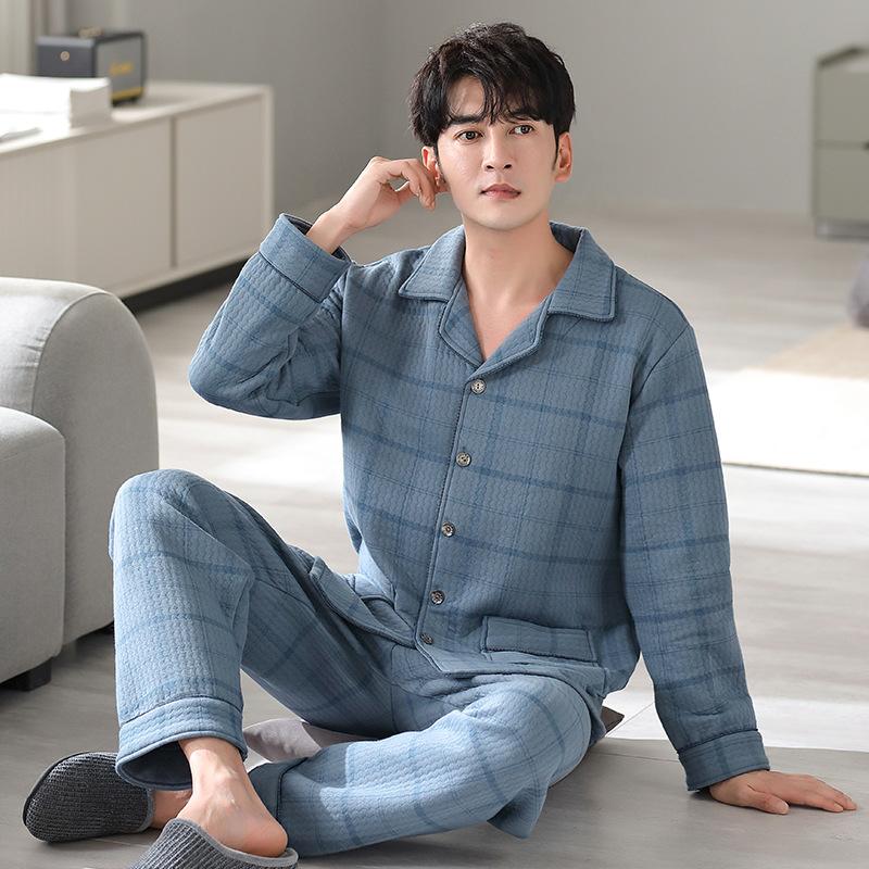 Air cotton sandwich pajamas men's autumn and winter thickened pure cotton long-sleeved men's winter thin padded large-size loungewear