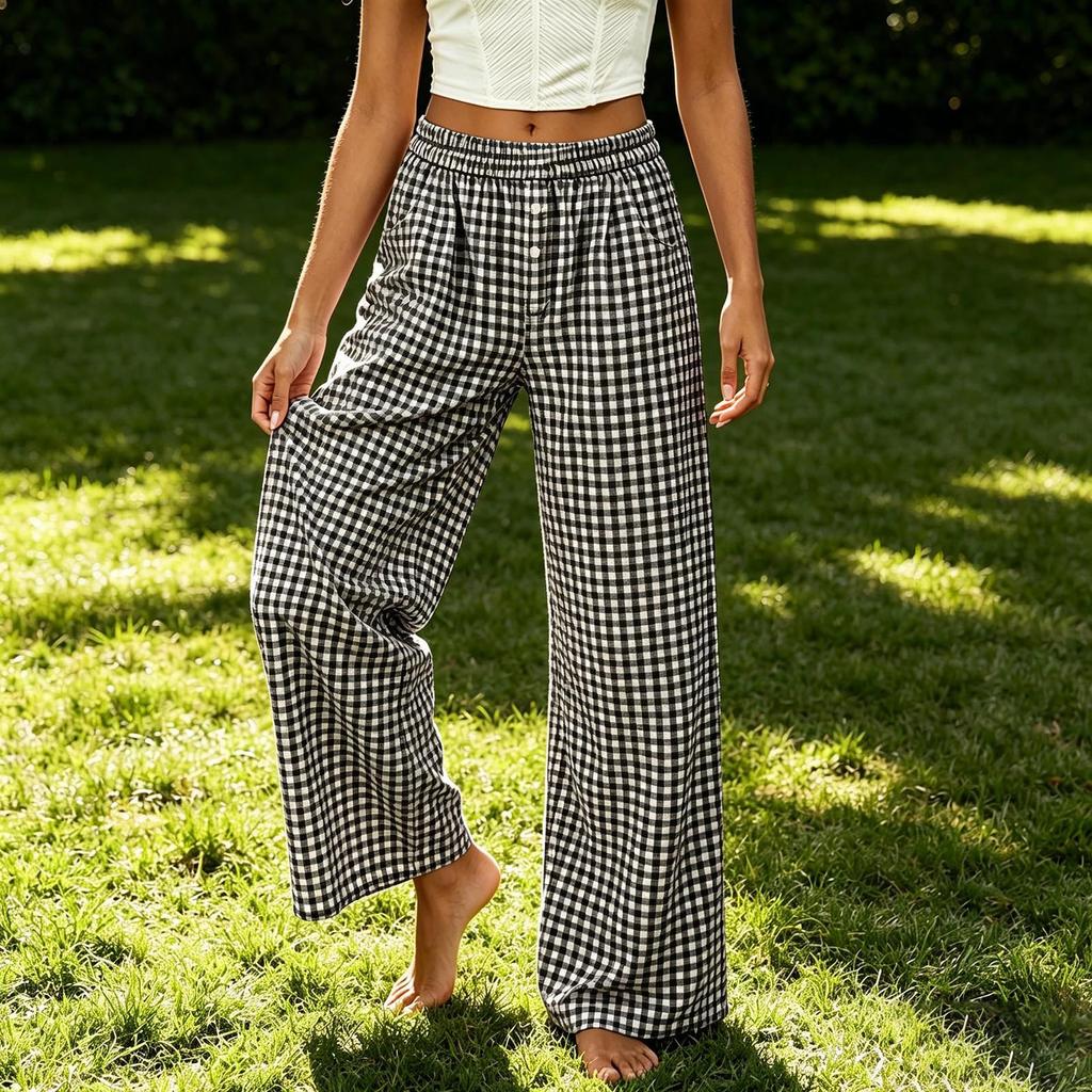 Women's Loose Fit Wide Leg Pants with Elastic Waist and Button Pockets Plaid Print Casual Trousers