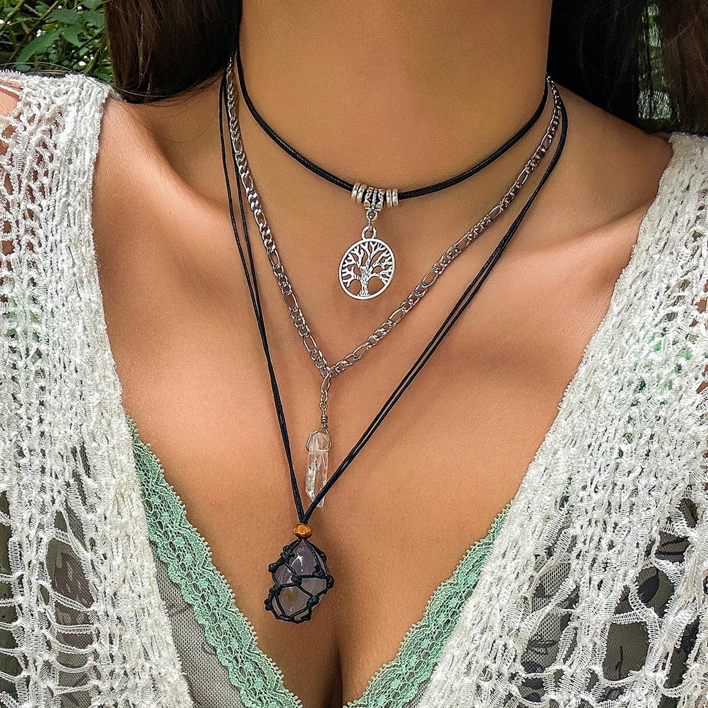 PuRui Vintage Natural Stone Beads Pendent Necklace for Women Crystal Charm Multilayer Rope Choker Neck Chain Zircon Party Girls