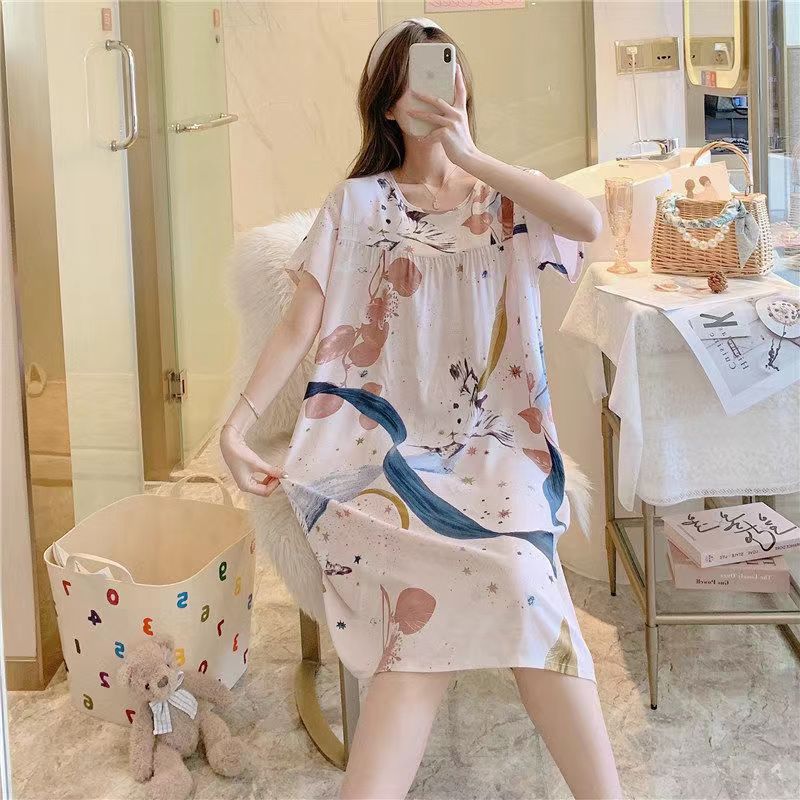 Women's Short Sleeve Women's Cotton Silk Nightgown Printed Summer Nightdress Home Clothes