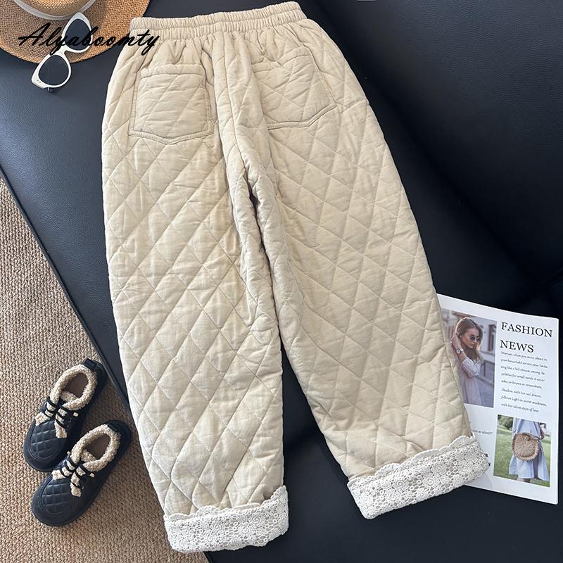 Plus Size Korean Fashion Autumn Winter Women Basic Pants High Waist Beige Brown Thick Warm Trousers Lace Patchwork Ladies' Harem Pants