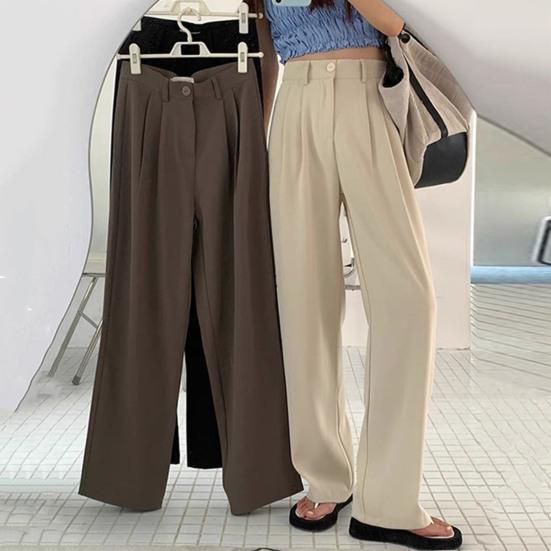 Women Suit Pants Button Zipper Fly High Waist Long Trousers Solid Color Straight Wide Leg Office Lady Pants