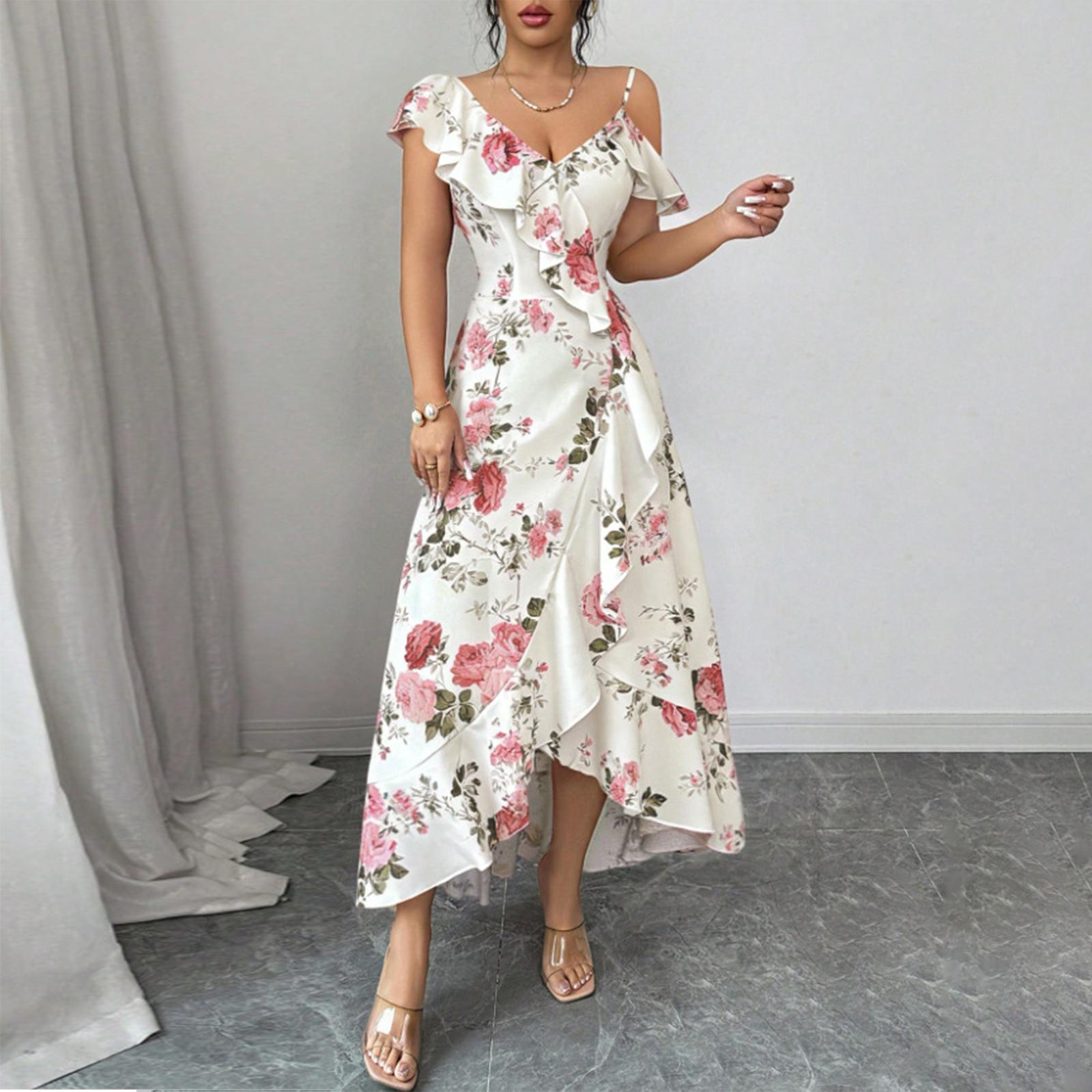 Women’s V Neck Floral Print Ruffle Hem Dress Elegant Vacation Style Sleeveless Asymmetrical Midi Dress for Summer Outings L
