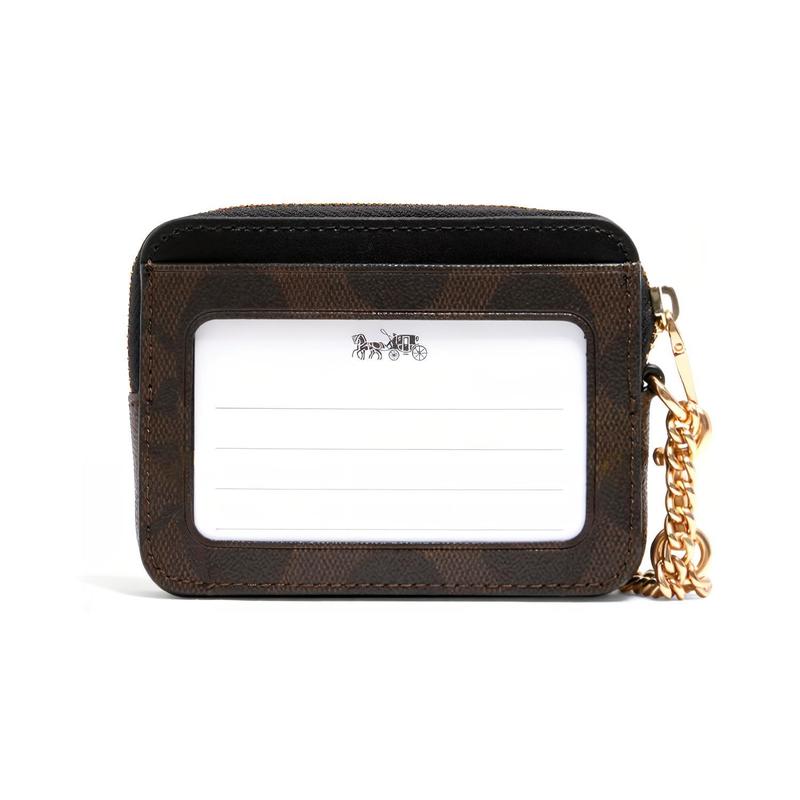 Coach Card Case Color Block Zipper Metal Logo Canvas and Leather Card Case Women's Black Brown Presbyopia