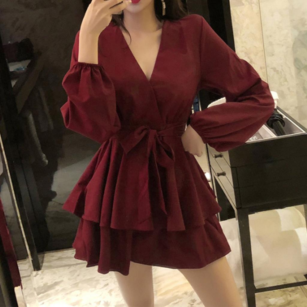 Жіноча вільна сукня з хрестовим V-подібним вирізом і довгими рукавами на бретелях із високою талією, однотонна спідниця А-силуету