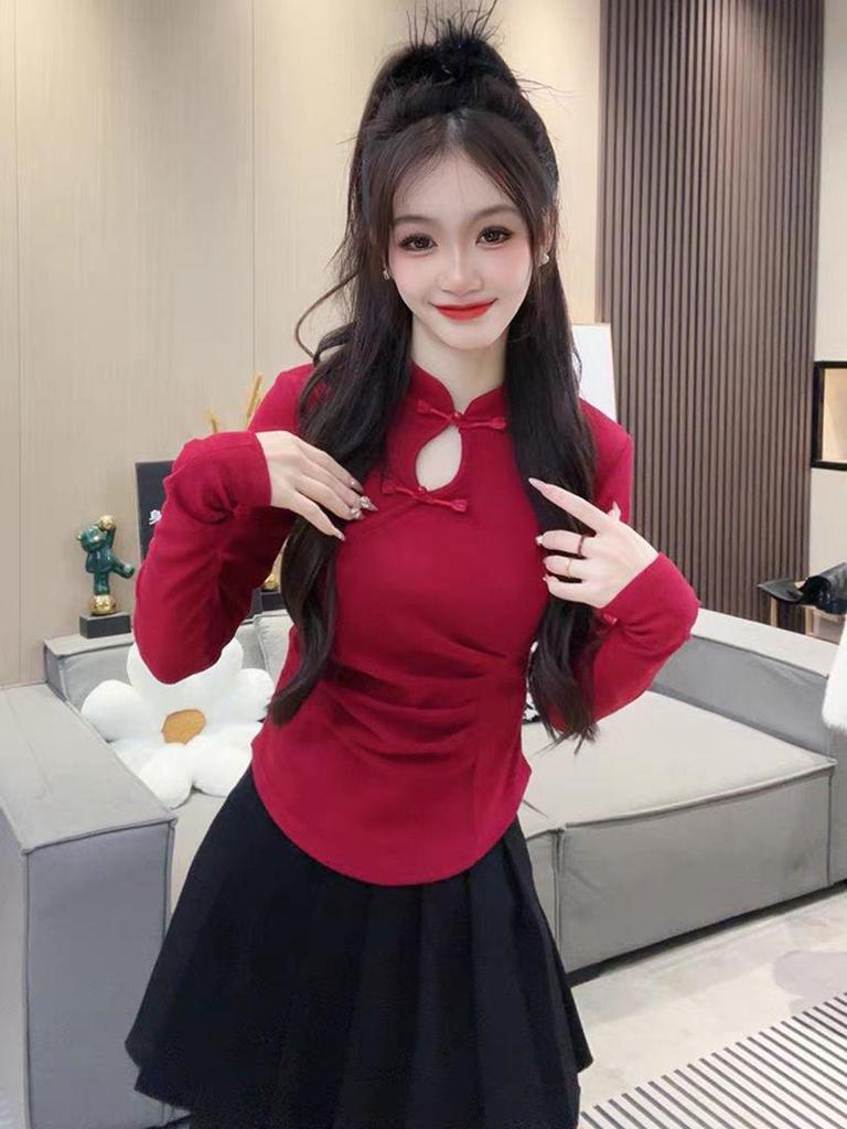 Spring 2026 Women's Chinese Qipao Style Slim Fit T-shirt with Frog Buttons & Stand Collar