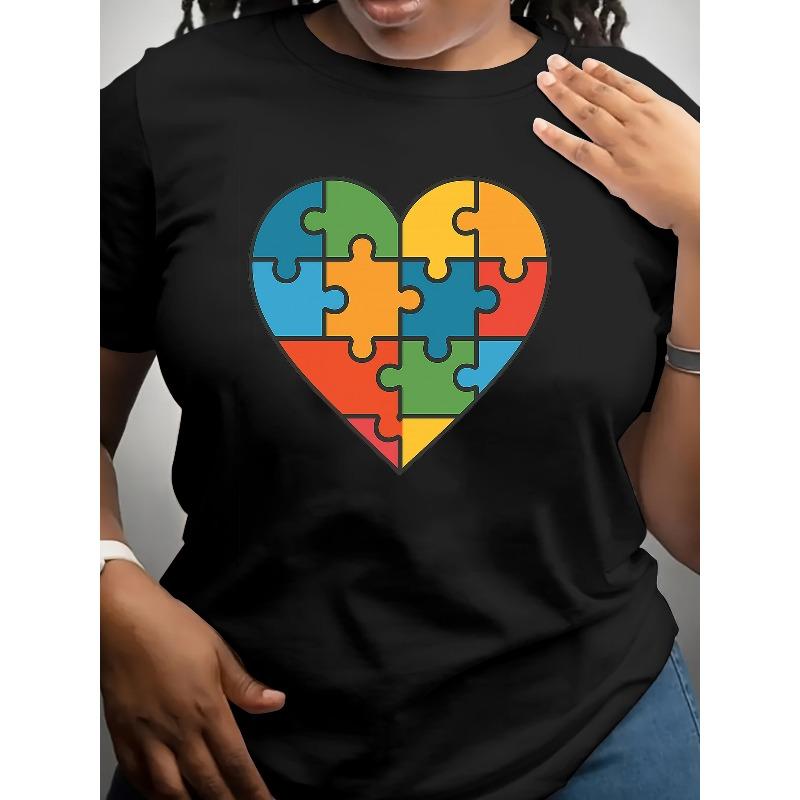 Europäische Größe Damen Autismus-Bewusstsein T-Shirt mit Herz-Puzzleteil & „A“ für Autismus-Symbol - Locker geschnittenes lässiges Kurzarm-T-Shirt mit Rundhalsausschnitt
