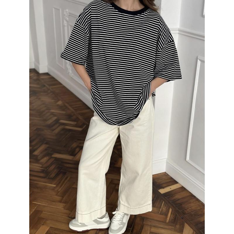 Women's Spring and Summer New Black and White Striped Short-sleeved T-shirt Collision Loose Body Shirt Round Neck Casual Tops Bottoming Shirt
