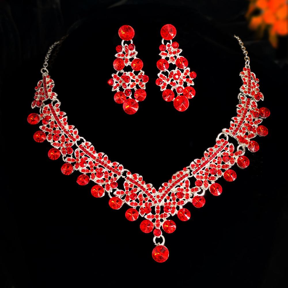 Exquisite Colored Rhinestone Necklace Earrings Set Party Dress Accessories Necklace