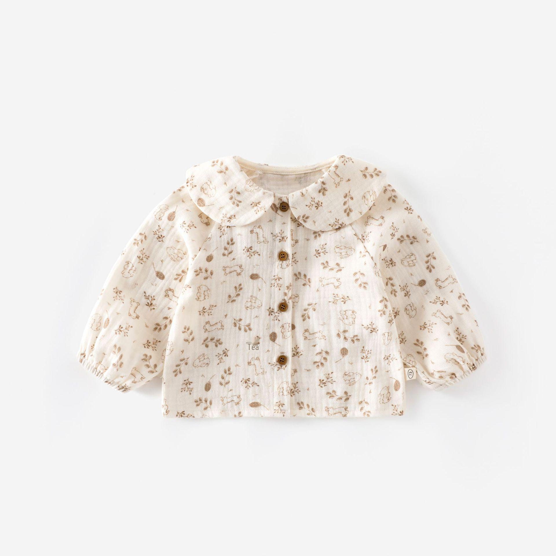 

Осень 2025 Девочки Цветочная блузка с воротником Питер Пэн – Модный дизайн с кроликом, корейский стиль Size 73 цветочный/коричневый