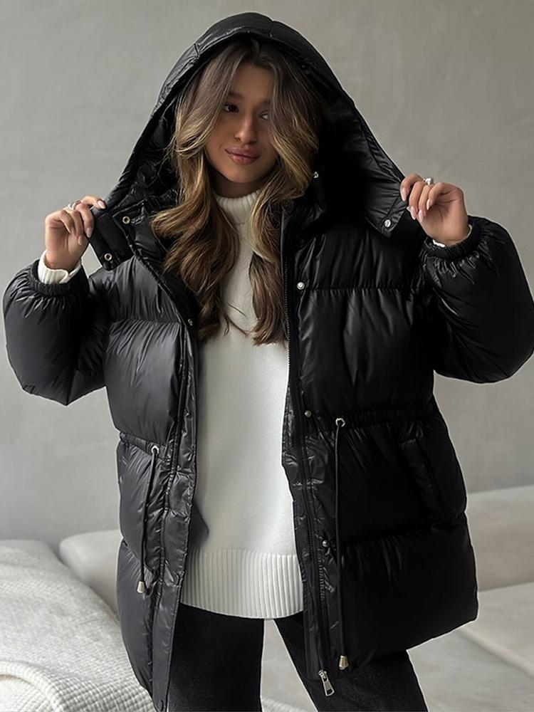 Damen Kapuzen-Baumwolljacke mit Reißverschluss Kordelzug Bindung Locker Warm Braun Baumwollkleidung Leichte Schlanke Jacke Täglicher Arbeitsweg Herbst und Winter