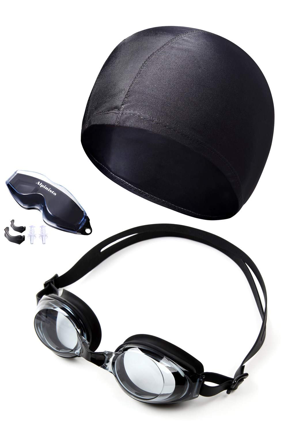 

Очки для плавания Alpinista и шапочка 3 размера переносицы и японские инструкции в комплекте Набор шапочки, прозрачные с защитой от запотевания, ремешки, беруши, чехол, (Текстильный набор)