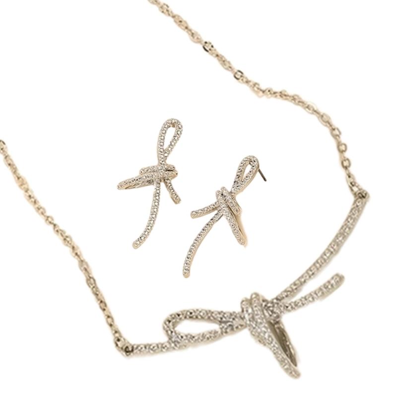 Delicate Bowknot Pendant Necklace and Earrings Combo Graceful Women's Neckchain and Ear Studs Jewelry Set Collection