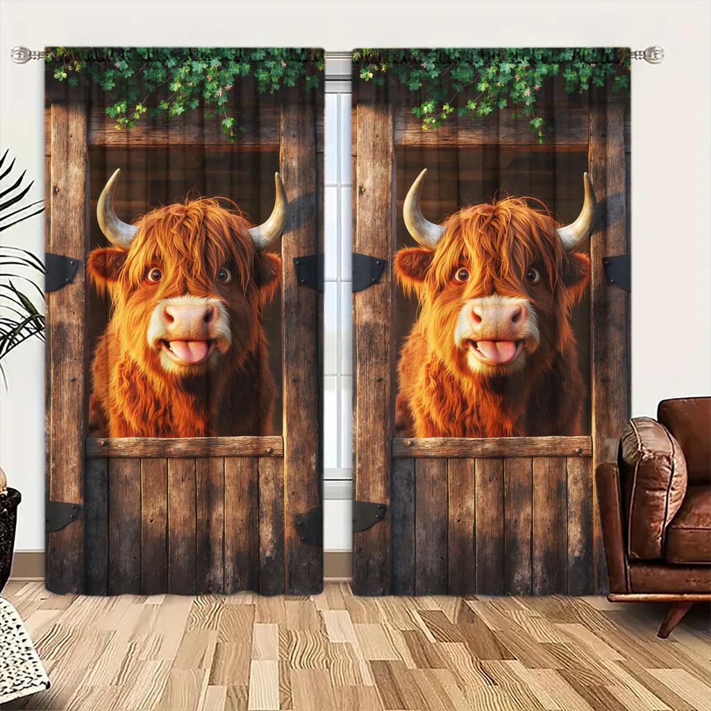 2pcs Cute Highland Calf Decorative Curtains   Animal Themed Curtains   Semi Blackout Curtains