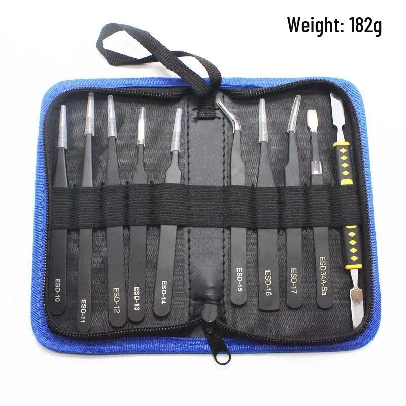 Anti-static Black Stainless Steel Tweezers Set: Pointed & Bent Tips for Eyelash Extension & Machine Disassembly