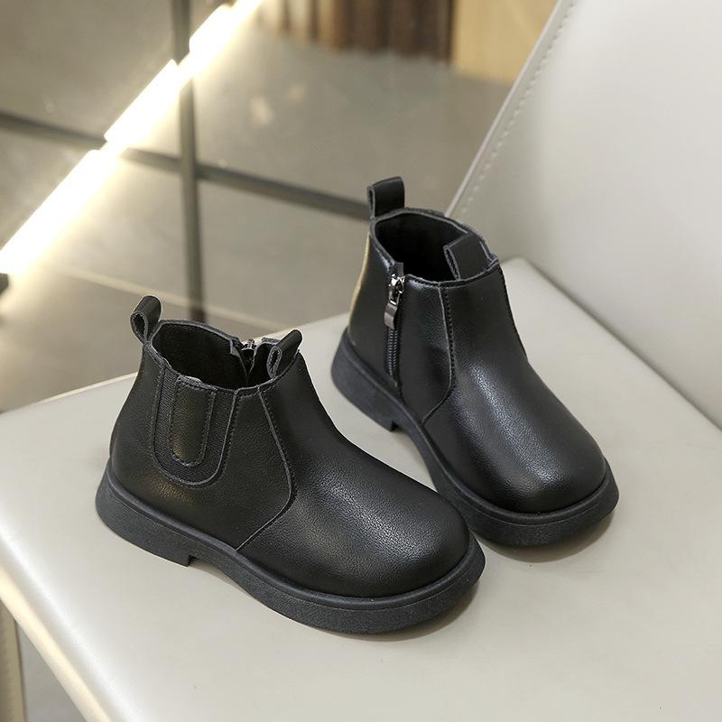 Kids All Black Side Zipper Low Heel Casual Chelsea Ankle Boots 24 чёрный