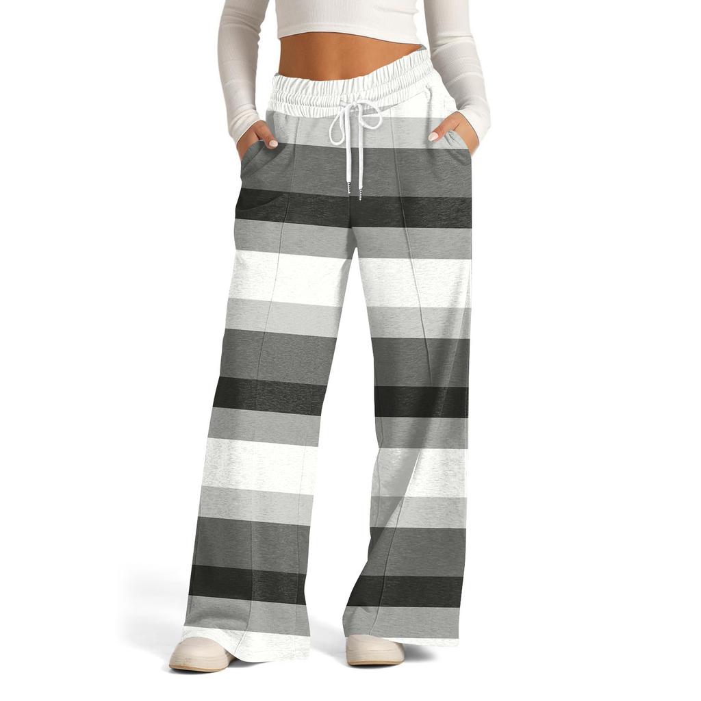 Dámské ležérní kalhoty s širokými nohavicemi s vysokým pasem a pruhovanými sportovními kalhotami