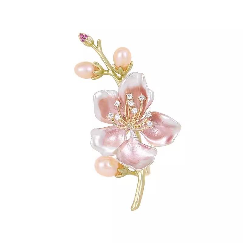 Chinese-style Peach Blossom Brooch, High-end Women's Exquisite Pearl Peach Blossom Brooch, Niche Design Sense Brooch