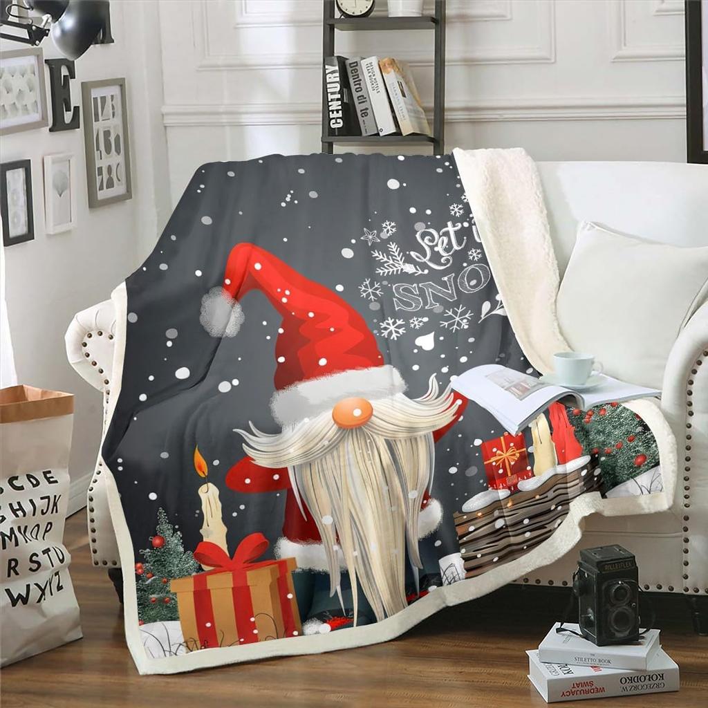 Merry Christmas Fleece Blanket for Kids Boys Girls Xmas Gnome Santa Claus Sherpa Blanket, Happy New Year Blanket Festival Themed