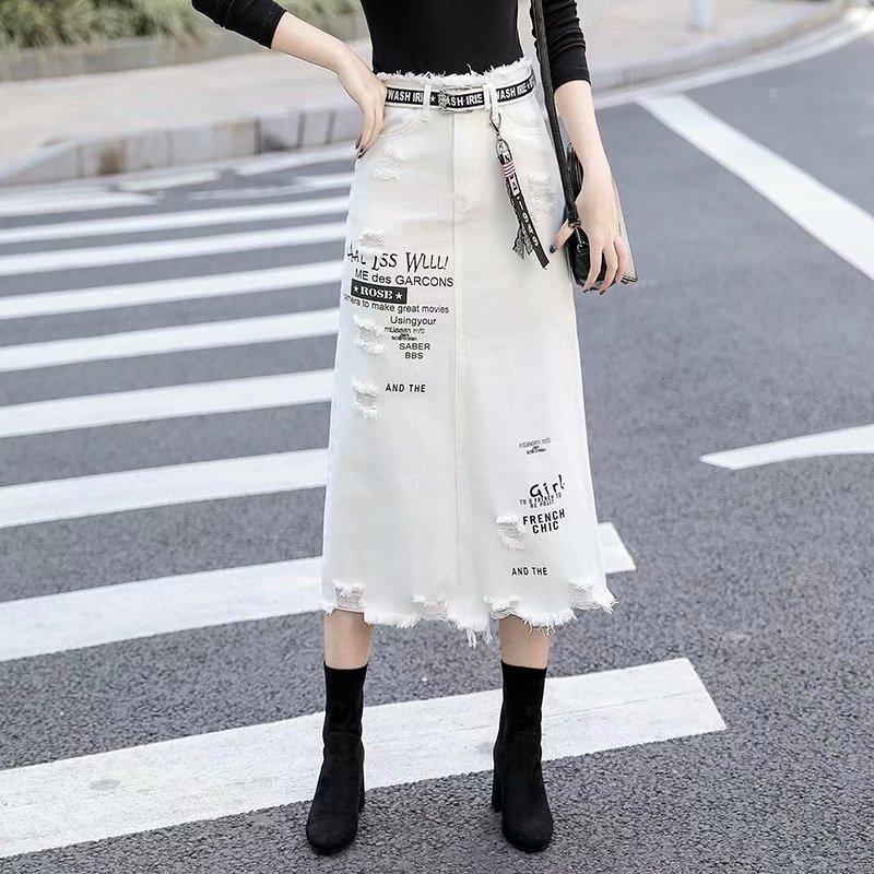 Women's Summer Denim Skirt Hole Breaking Vintage Half-body Skirt Large Size Casual Skirt Office Skirt