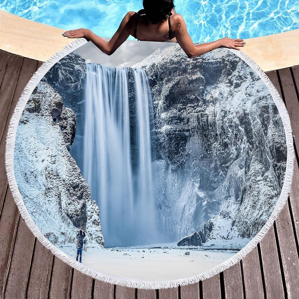 Natural Scenery Waterfall Print Round Beach Towel,Microfiber Comfortable Beach Blanket,Absorbent Quick Dry Pool Towel Picnic Mat