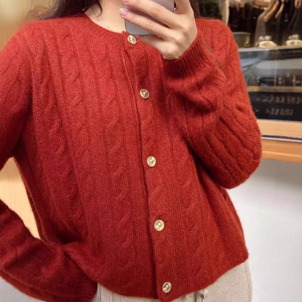 Women's Cashmere Round Neck Cardigan - Year of the Rooster Red, Thick & Fashionable Bright Silk Cable Knit Sweater for Autumn/Winter.