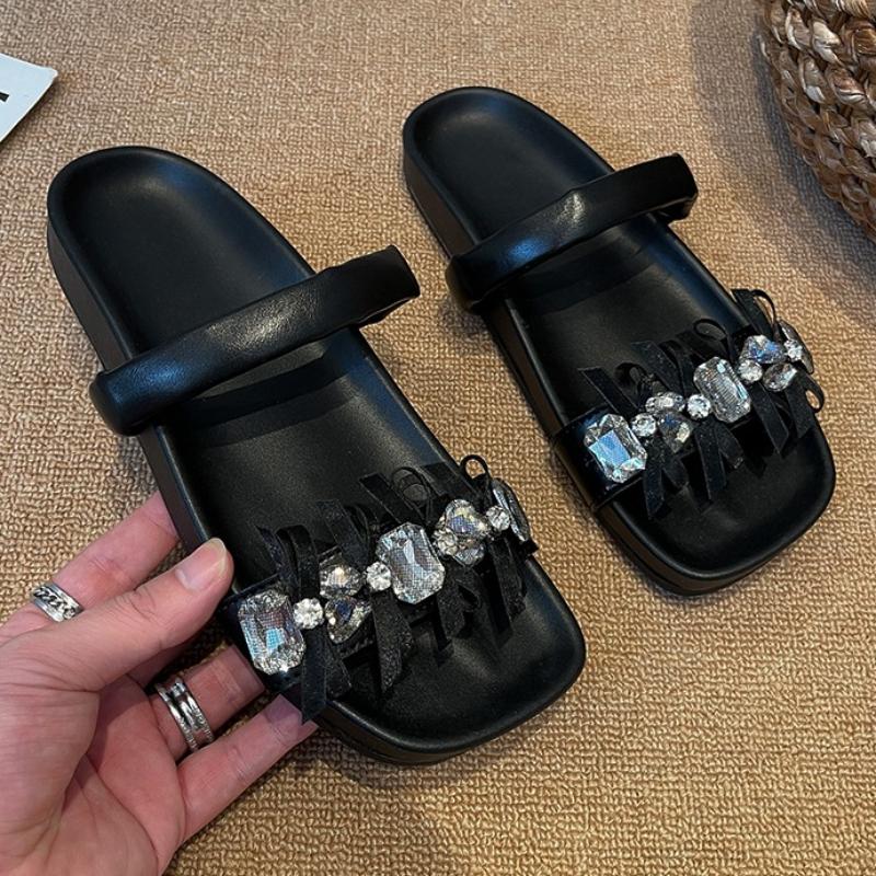 

Fashion Luxury Crystal Women Slippers Summer Flats Sandals Woman Shoes Fashion New Walking Soft Slides 2025 Trend Elegant Bow Flip Flops 40 чёрный