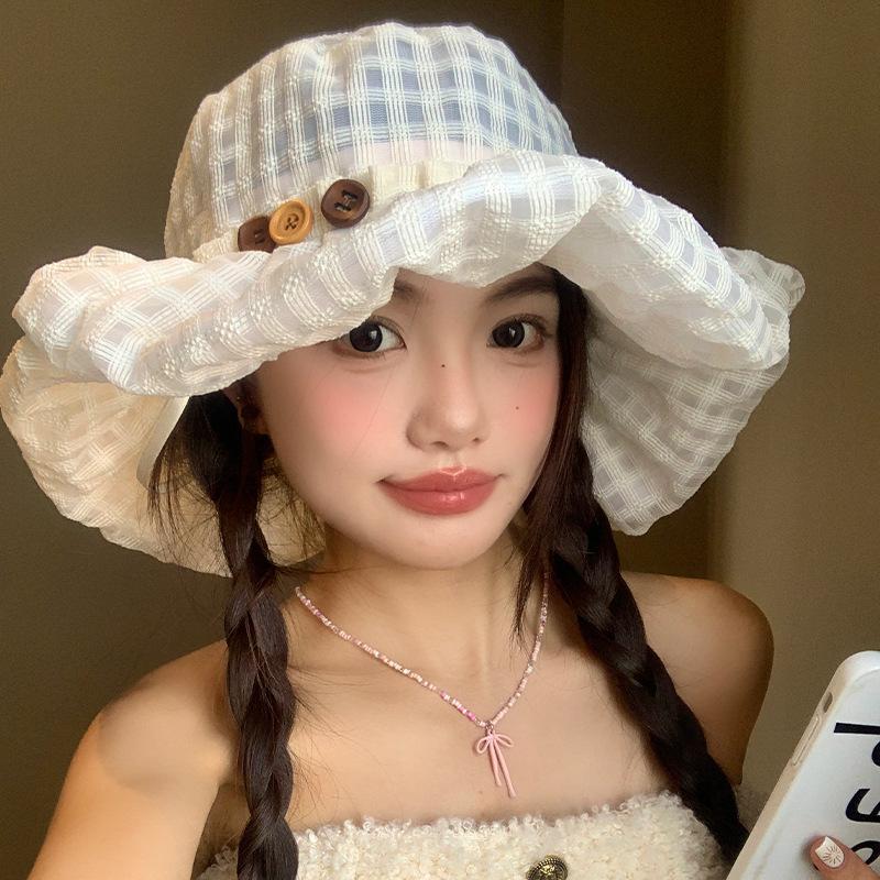 Button plaid fisherman's hat Children's spring and summer travel Big brim shows face Small sunscreen visor Breathable basin hat