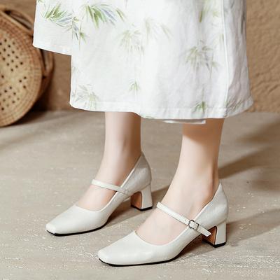 Mary Jane High Heels Thick Heel New Large Size Women's Shoes Black Temperament Square Head Light Mouth Single Shoes
