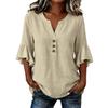 Women’s V Neck Cotton Linen Blouse with Pleated Ruffle Sleeves Loose Fit Button Front Casual Seven Quarter Sleeve Top