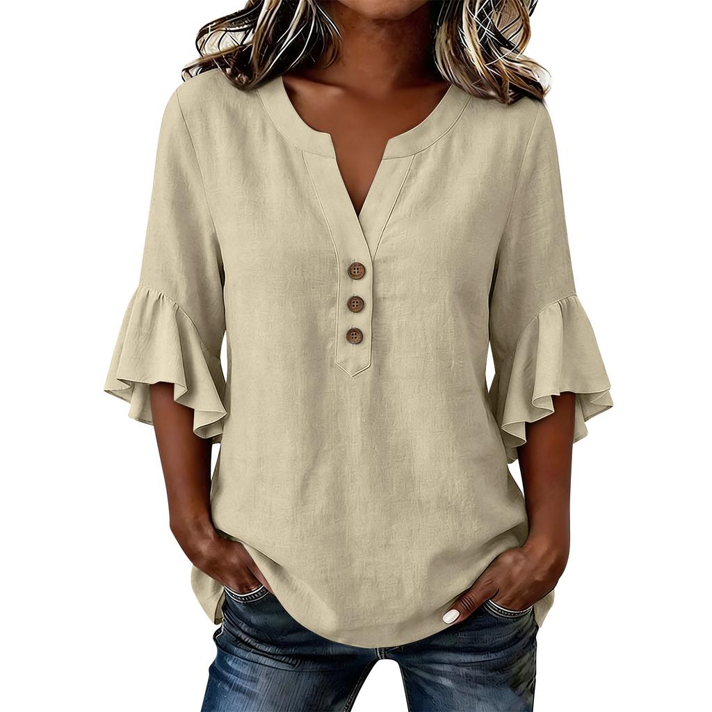 Women’s V Neck Cotton Linen Blouse with Pleated Ruffle Sleeves Loose Fit Button Front Casual Seven Quarter Sleeve Top