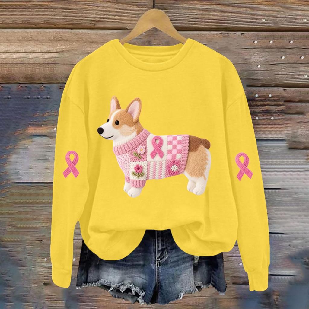 Breast  Sweatshirts For WomenRibbon Breast  Shirt Cute Dog Graphic  Long Sleeve Tops