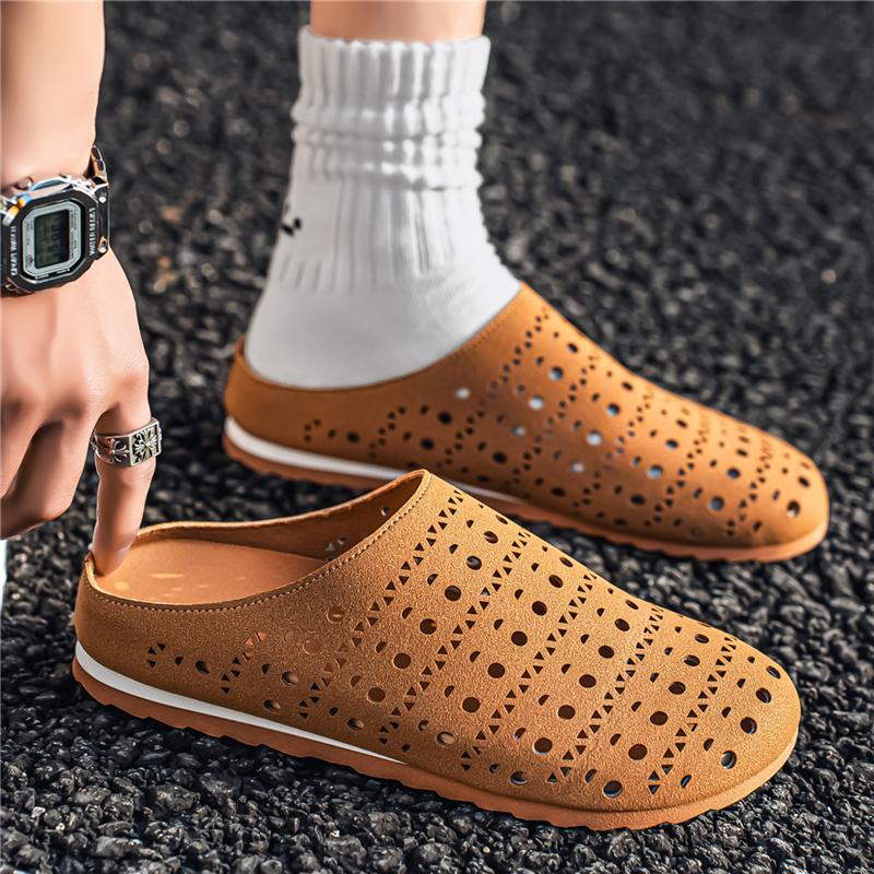 Hollow Out Mules for Men Half Shoes Closed Toe Slip On Flat Sneakers Open Back Casual Shoes Loafers Slippers Summer Non-Slip