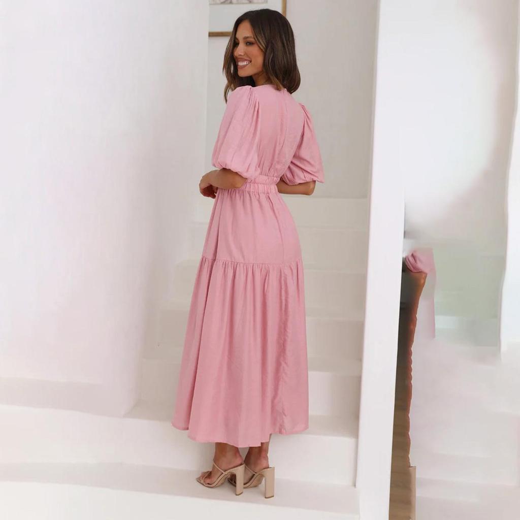 Dámské jarní jednobarevné šaty s krátkým nabíraným rukávem letní ležérní šaty s výstřihem do V a vysokým pasem ke kotníkům S-XL