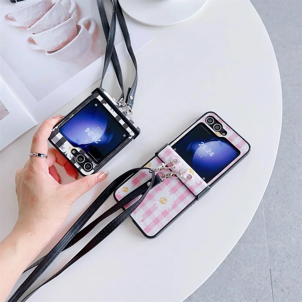 Crossbody Lanyard Lattice Leather Phone Case for Samsung Galaxy Z Flip 6 5 4 3 5G Hinge Protection Shockproof Hard Shell Cover