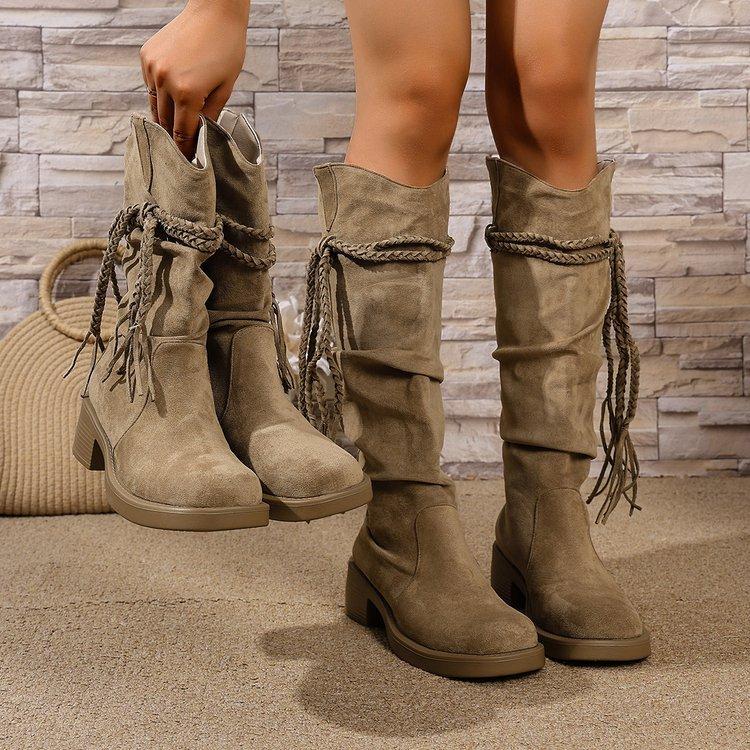 Cowhide Version~ Retro Wasteland Fringed Knight Boots Thick Heel But Knee Long Boots Slim Pile Medium Boots Women