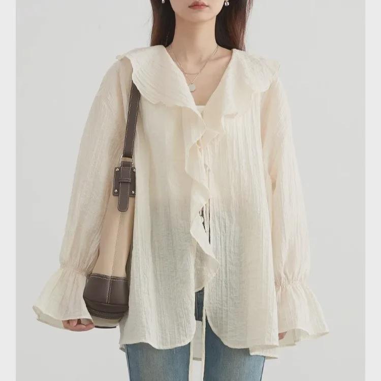 CHICVEN "Visual Space" Tencel Lace-up Ruffle Sleeve Midi Shirt