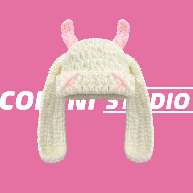 Cute Devil Bunny Knit Beanie, Women s Winter Warm Earflap Hat, Cozy Crochet Cap with Horns for Streetwear and Daily 1