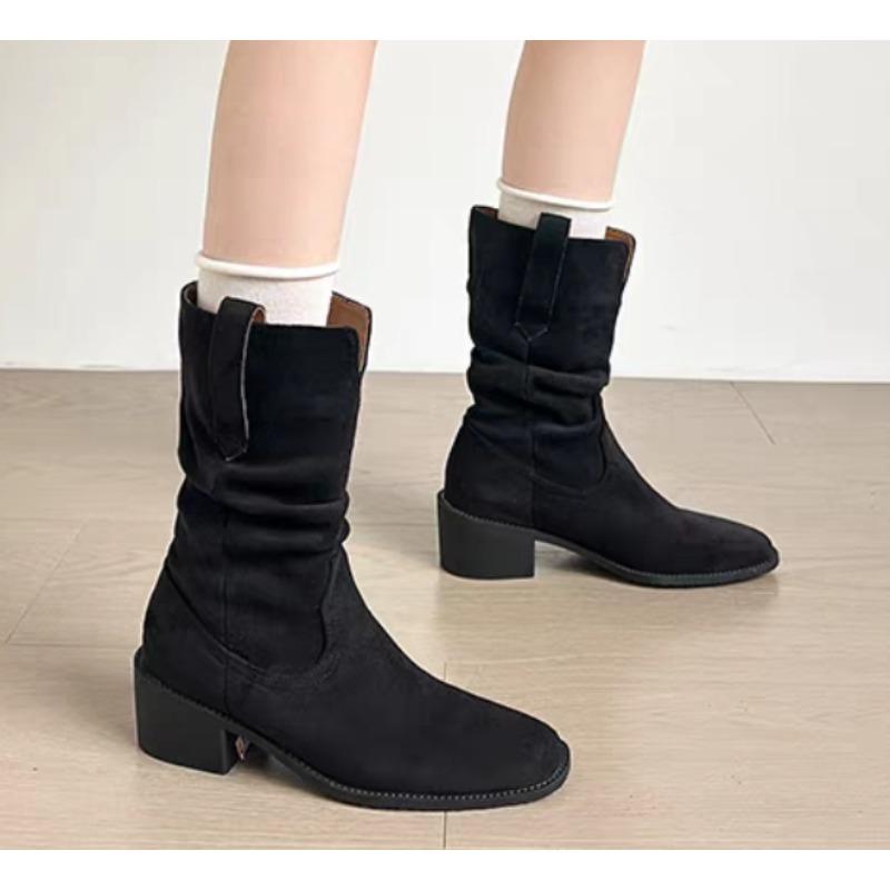 Autumn and Winter New Women's Ankle Boots Cow Suede Leather Shoes for Women Pointed Toe Short Boots Chunky Shoes Western Boots
