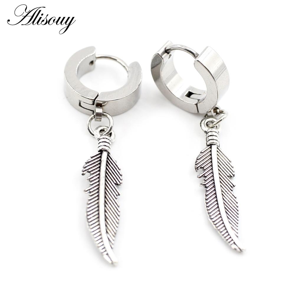 Alisouy 2PCS Stainless Steel Star Cross Snake Spike Skull Sword Blade Chain Feather Spider Dangle Women Men Huggie Hoop Earrings