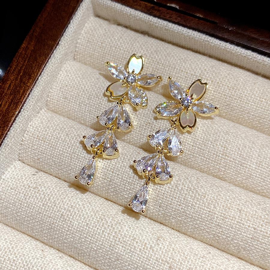 K real gold electroplated silver needle zircon flower fringed earrings sweet temperament earrings light luxury high-end earrings women